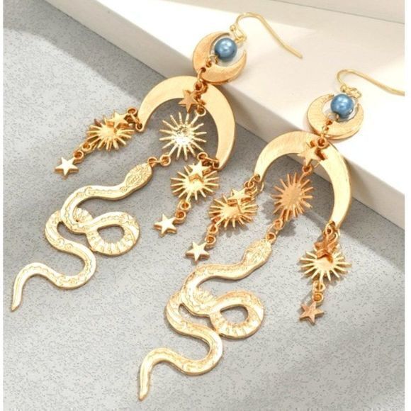 Mystical Serpent & Cosmic Gold Charm Earrings Witchy Bohemian Goddess Jewelry - Picture 1 of 8